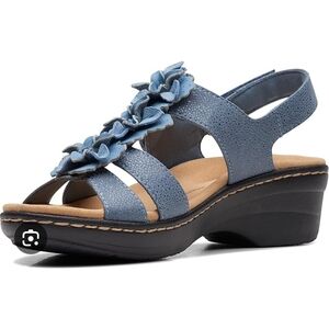 Clarks Merliah Sheryl Blue Floral Leather Adjustable Comfort Wedge Sandal W 11